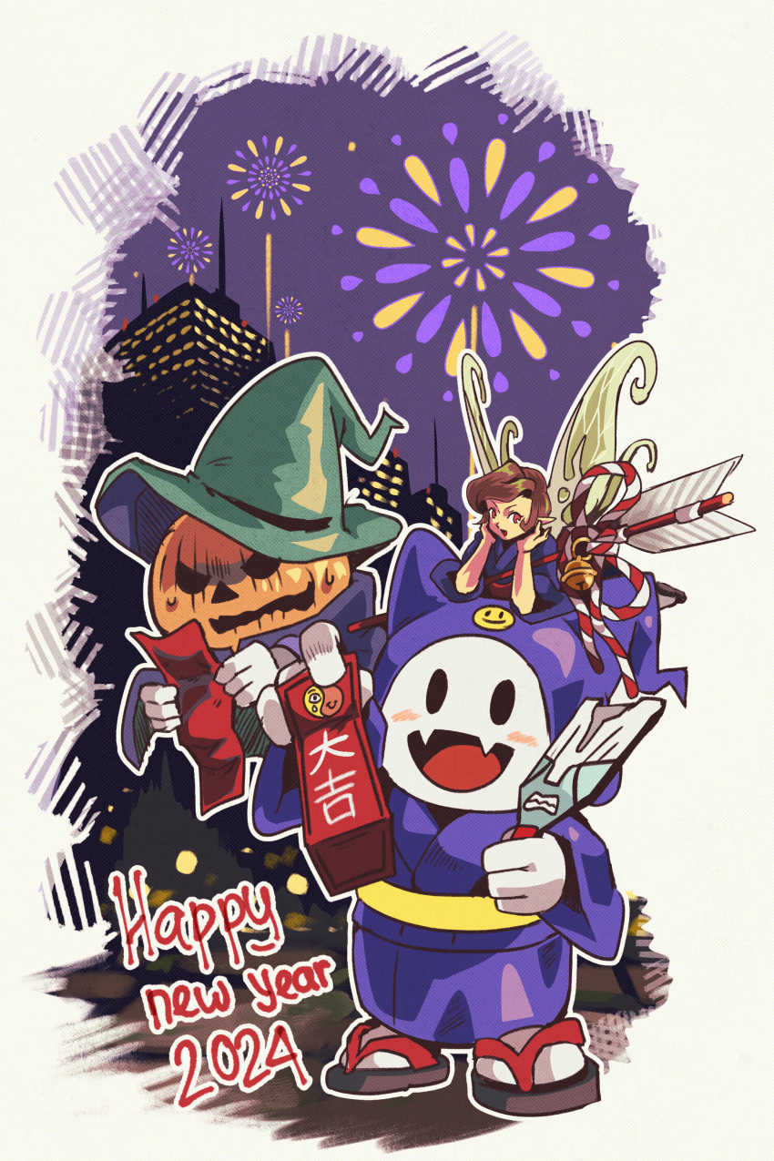 1girl, 2024, 2boys, absurdres, arrow_(projectile), bell, black_eyes, blue_hat