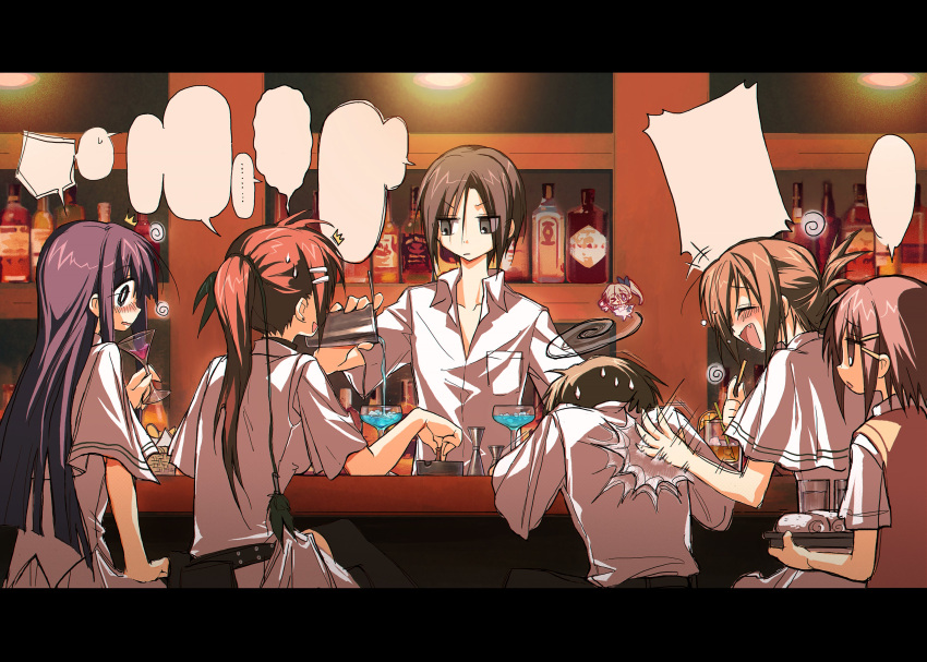 +++, ..., 2boys, 5girls, :d, ^^^, absurdres, bar_(place)