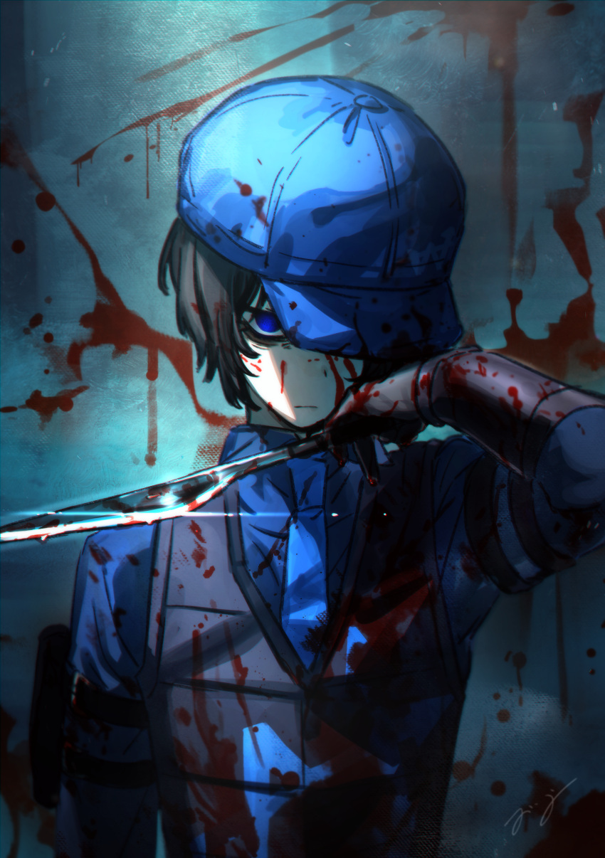 1boy, absurdres, akantai, arm_strap, baseball_cap, black_gloves, black_hair, black_vest