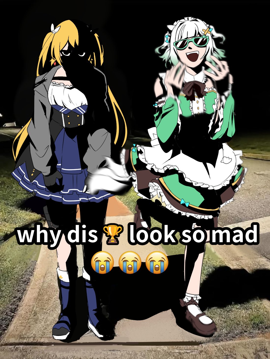 2girls, angry, apron, aqua_dress, aqua_hair, black_gloves, blonde_hair, blue_dress, blue_footwear, boots, bow, bowtie, commentary, detached_sleeves, dokibird_(vtuber), dokibird_(vtuber)_(retro_doki), dress, emoji, english_text, frills, full_body, gloves, grass, grey_jacket, greyscale, highres, indie_virtual_youtuber, jacket, long_hair, looking_at_viewer, maid, maid_apron, medium_hair, meme, mint_fantome, monochrome, multiple_girls, night, open_mouth, outdoors, photo_background, road, seria_aaaa, shaded_face, shoes, sidewalk, smile, sunglasses, triangular_headpiece, twintails, two_side_up, virtual_youtuber, white_hair, why_dis_ninja_look_so_mad_(meme)