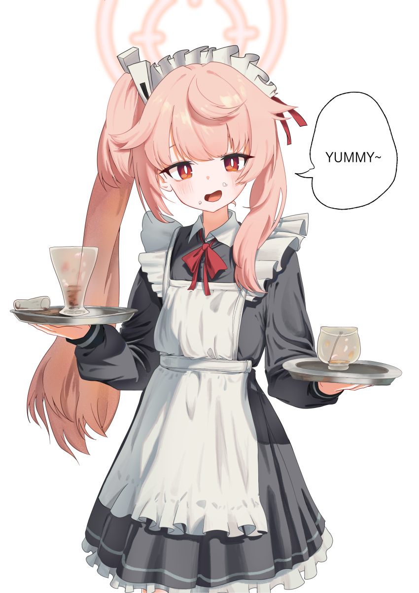 1girl, absurdres, apron, black_dress, blue_archive, bow, bowtie, bright_pupils