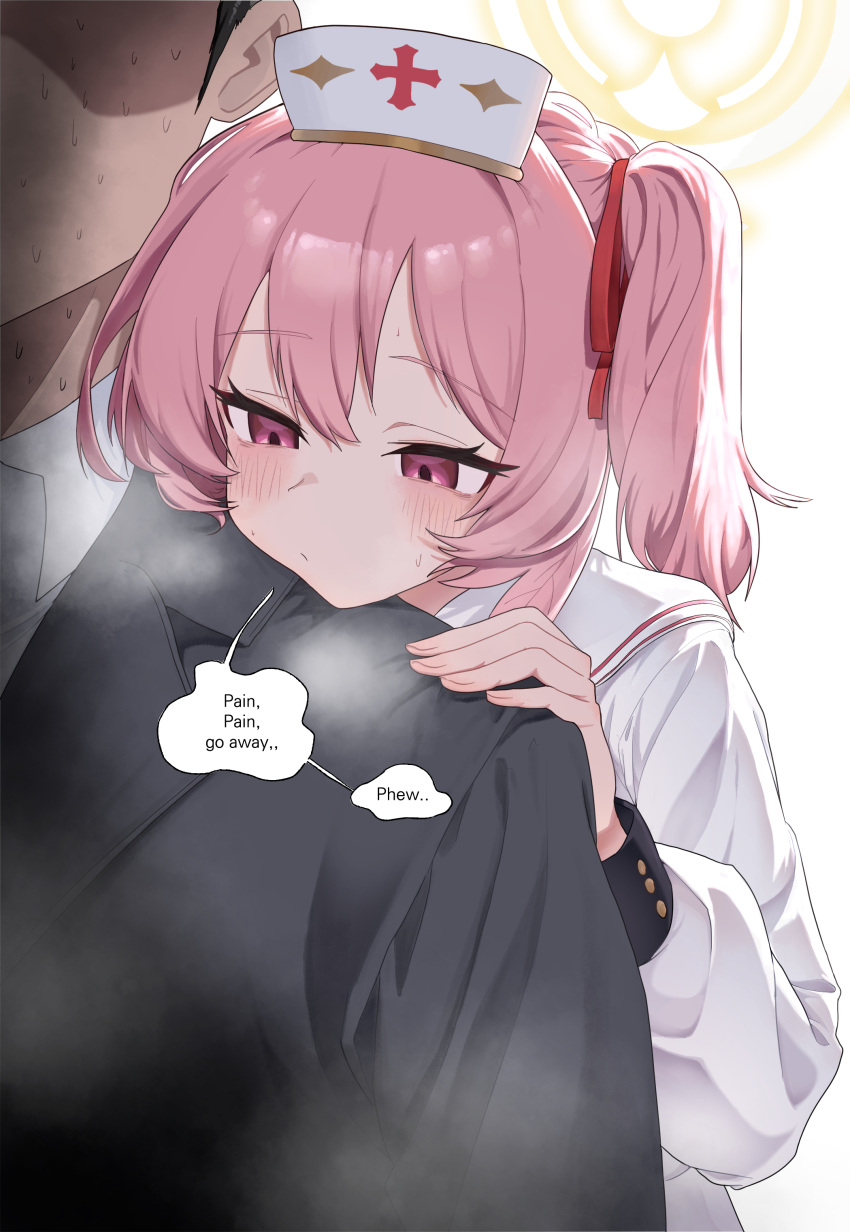 1boy, 1girl, absurdres, black_jacket, blue_archive, blush, closed_mouth, commentary_request