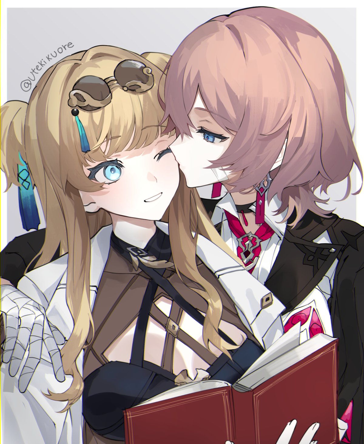 2girls, arm_around_shoulder, bandage_on_face, bandaged_hand, bandages, black_jacket, blonde_hair, blue_eyes