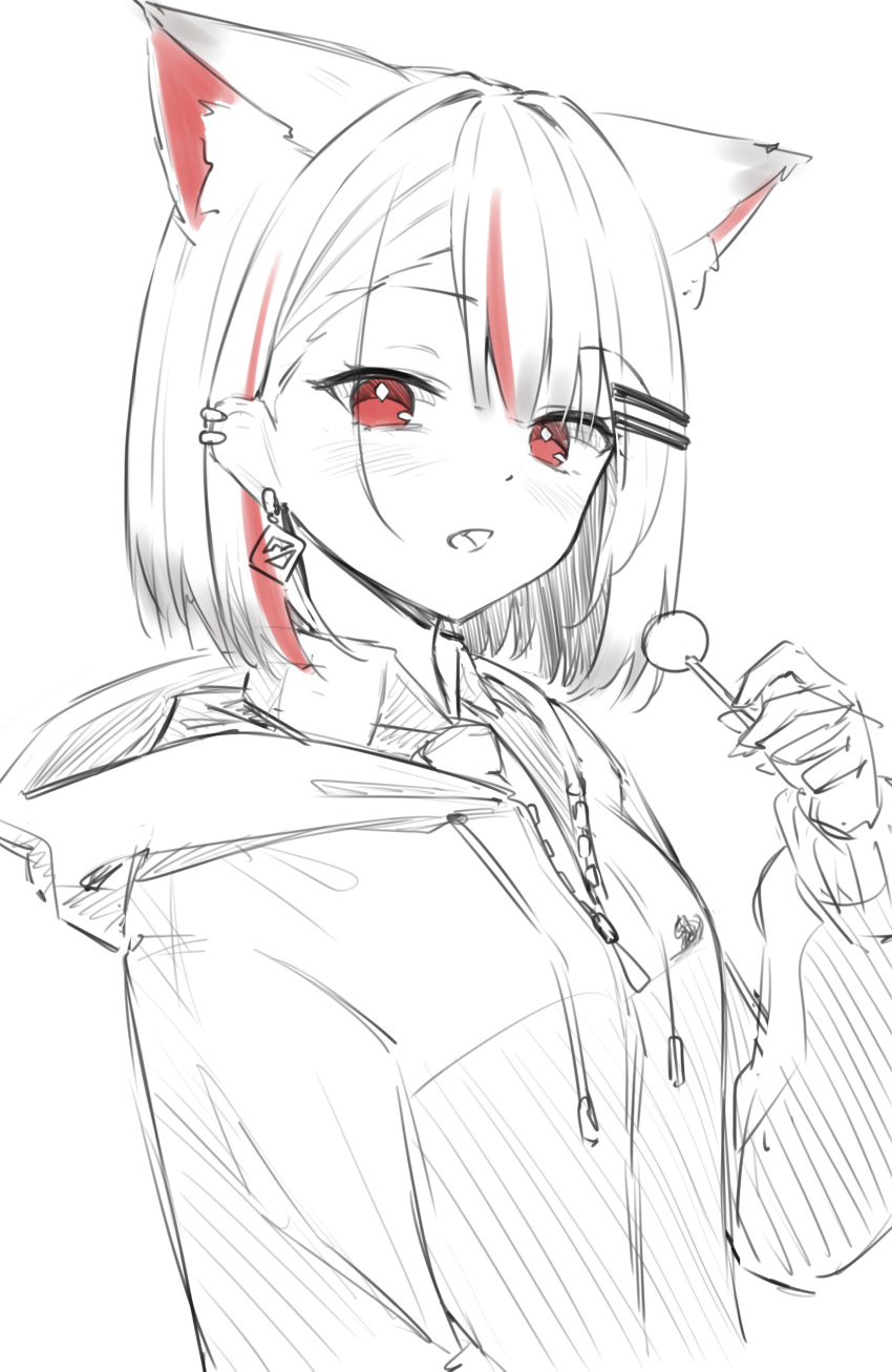 1girl, :o, absurdres, animal_ear_fluff, animal_ears, asymmetrical_bangs, blush, bob_cut, breasts, candy, cat_ears, collared_shirt, commentary_request, cropped_torso, drawstring, ear_piercing, earrings, fang, floating_earring, food, from_side, hair_behind_ear, hair_ornament, hairclip, hand_up, highres, holding, holding_candy, holding_food, holding_lollipop, hood, hood_down, hooded_jacket, jacket, jewelry, korean_commentary, lollipop, long_sleeves, looking_at_viewer, looking_to_the_side, lunyaria, medium_breasts, monochrome, multicolored_hair, necktie, neneko_mashiro, open_mouth, partially_unzipped, piercing, red_eyes, red_streaks, shirt, short_hair, sideways_glance, simple_background, sketch, solo, spot_color, stellive, streaked_hair, thick_eyelashes, turning_head, virtual_youtuber, white_background