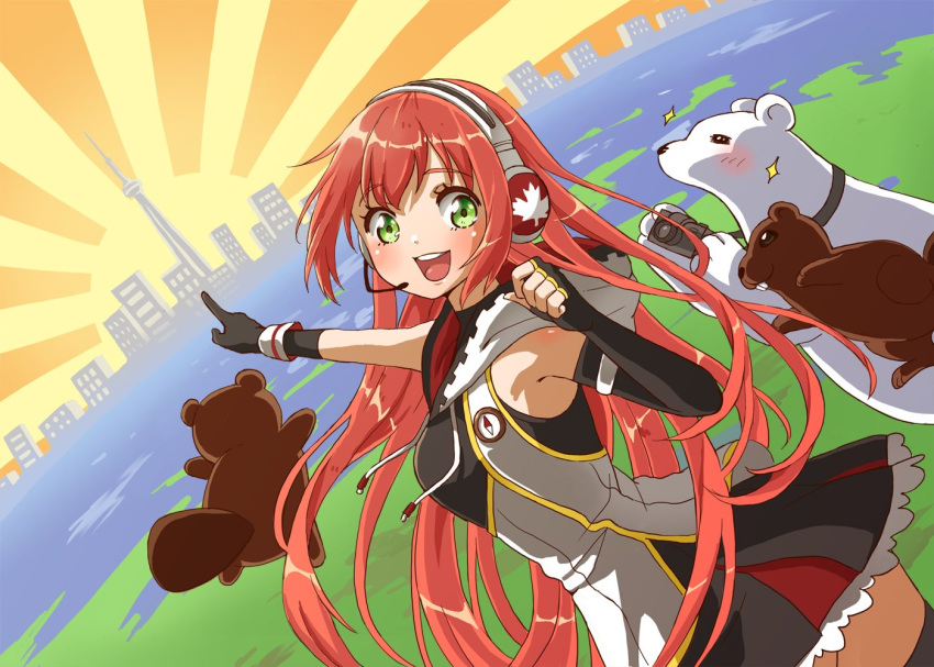 1girl, armpit_crease, asymmetrical_gloves, bear, beaver, black_gloves, canada, cn_tower