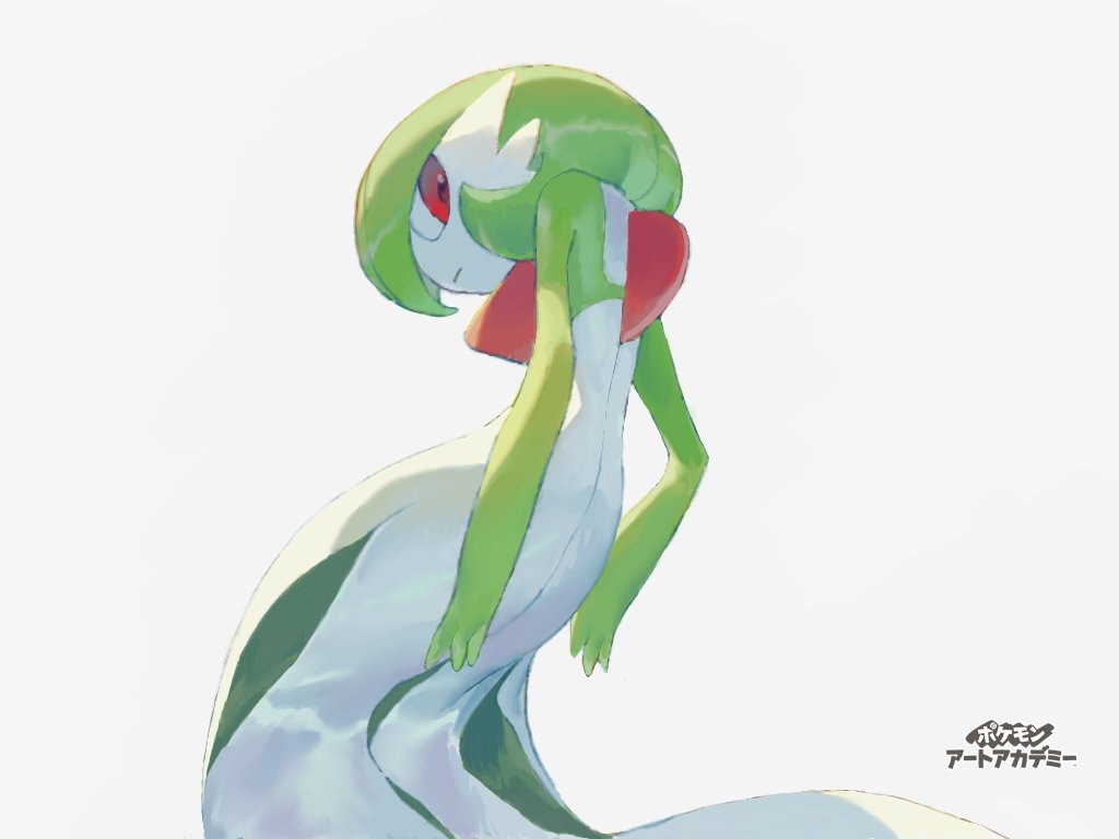 bob_cut, colored_skin, dress, gardevoir, green_hair, green_skin, grey_background, looking_at_viewer