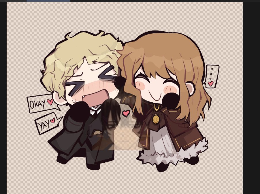 >_<, 1boy, 1girl, ascot, black_coat, black_gloves, black_pants, black_vest