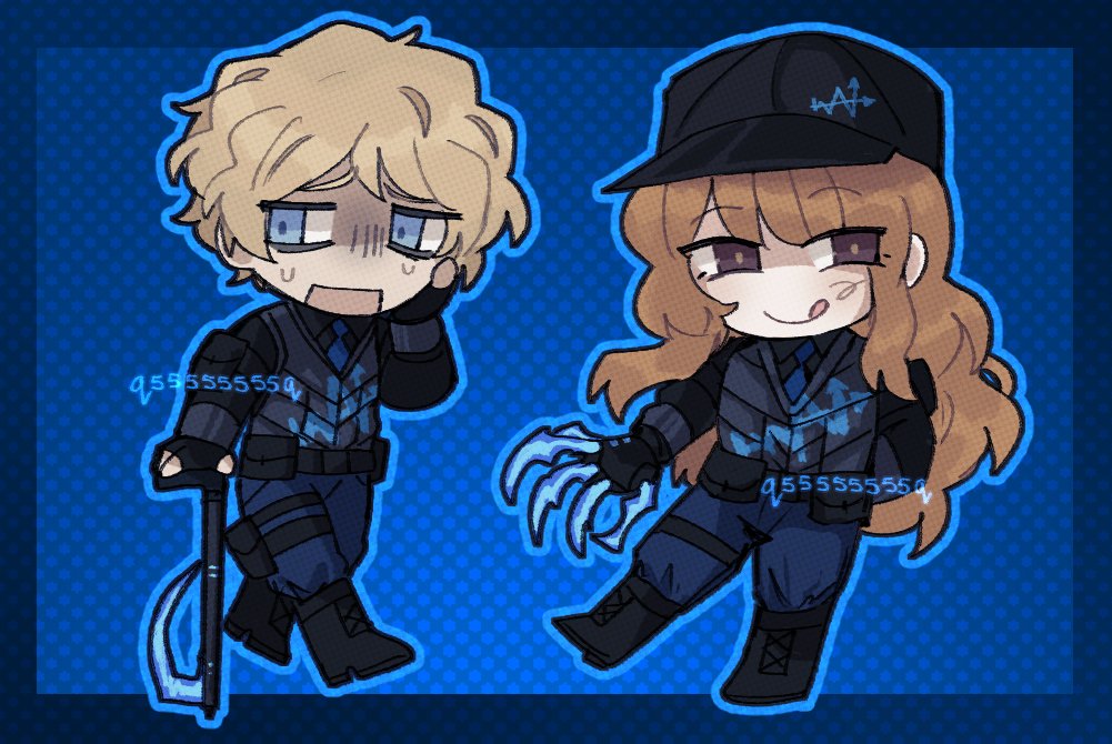 1boy, 1girl, :q, black_footwear, black_shirt, black_vest, blonde_hair, blue_eyes