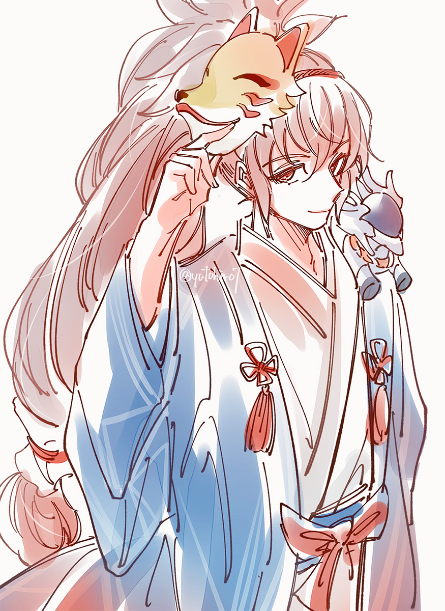 1boy, closed_mouth, fire_emblem, fire_emblem_fates, fire_emblem_heroes, fox_mask, grey_hair, hair_between_eyes