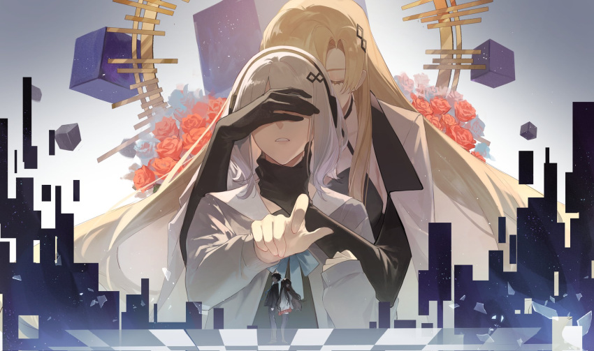 1boy, 3girls, black_gloves, black_hair, black_jacket, black_pants, black_pantyhose, blonde_hair, blue_ribbon, brown_hair, cardigan, closed_eyes, elbow_gloves, essolyn_(forever_7th_capital), female_commander_(forever_7th_capital), flat_chest, flower, forever_7th_capital, gloves, grey_hair, hair_ornament, hairclip, hand_on_another's_neck, hand_over_another's_eyes, highres, jacket, jiemojiemo, long_hair, long_sleeves, male_commander_(forever_7th_capital), multiple_girls, pants, pantyhose, parted_lips, red_skirt, ribbon, rose, seraphim_(forever_7th_capital), short_hair, skirt