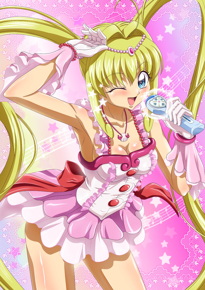 ankoku_tiger, blonde_hair, blue_eyes, gloves, highres, idol, jewelry, long_hair, mermaid_melody_pichi_pichi_pichi, mermaid_melody_pichi_pichi_pitch, microphone, nanami_lucia, necklace, official_style, tiara, twintails, wink