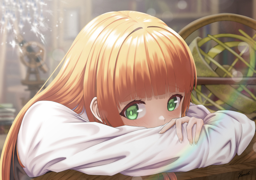 1girl, anne_(shingeki_no_bahamut), arm_rest, blurry, blurry_background, granblue_fantasy, green_eyes, head_rest