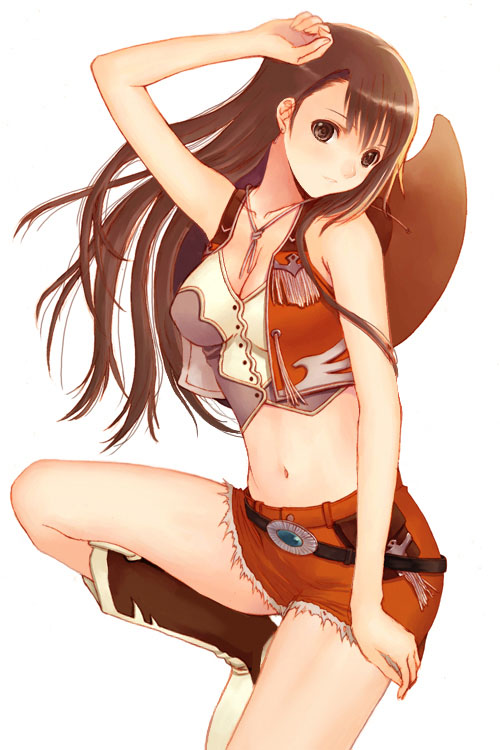 alternate_outfit, belly_button, belt, boots, breasts, brown_hair, cleavage, cowboy