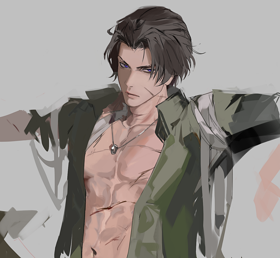1boy, bandages, bandages_over_clothes, brown_hair, collared_shirt, green_shirt, heathcliff_(project_moon), jewelry, limbus_company, looking_at_viewer, male_focus, multiple_scars, necklace, open_clothes, open_shirt, project_moon, reon_six, ring, ring_necklace, scar, scar_on_face, shirt, violet_eyes