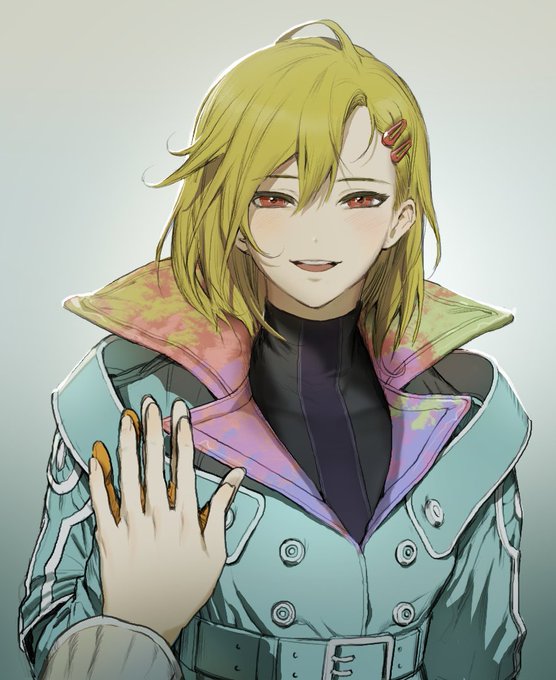 1other, antenna_hair, aqua_coat, blonde_hair, coat, fingerless_gloves, gloves, gnosia