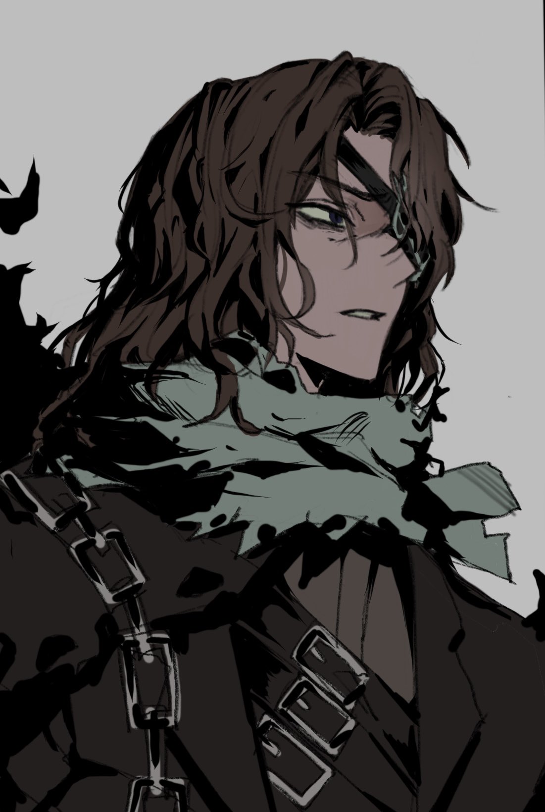1boy, brown_jacket, chanil_(muexlku), dark-skinned_male, dark_skin, erlking_heathcliff_(project_moon), eyepatch, grey_scarf