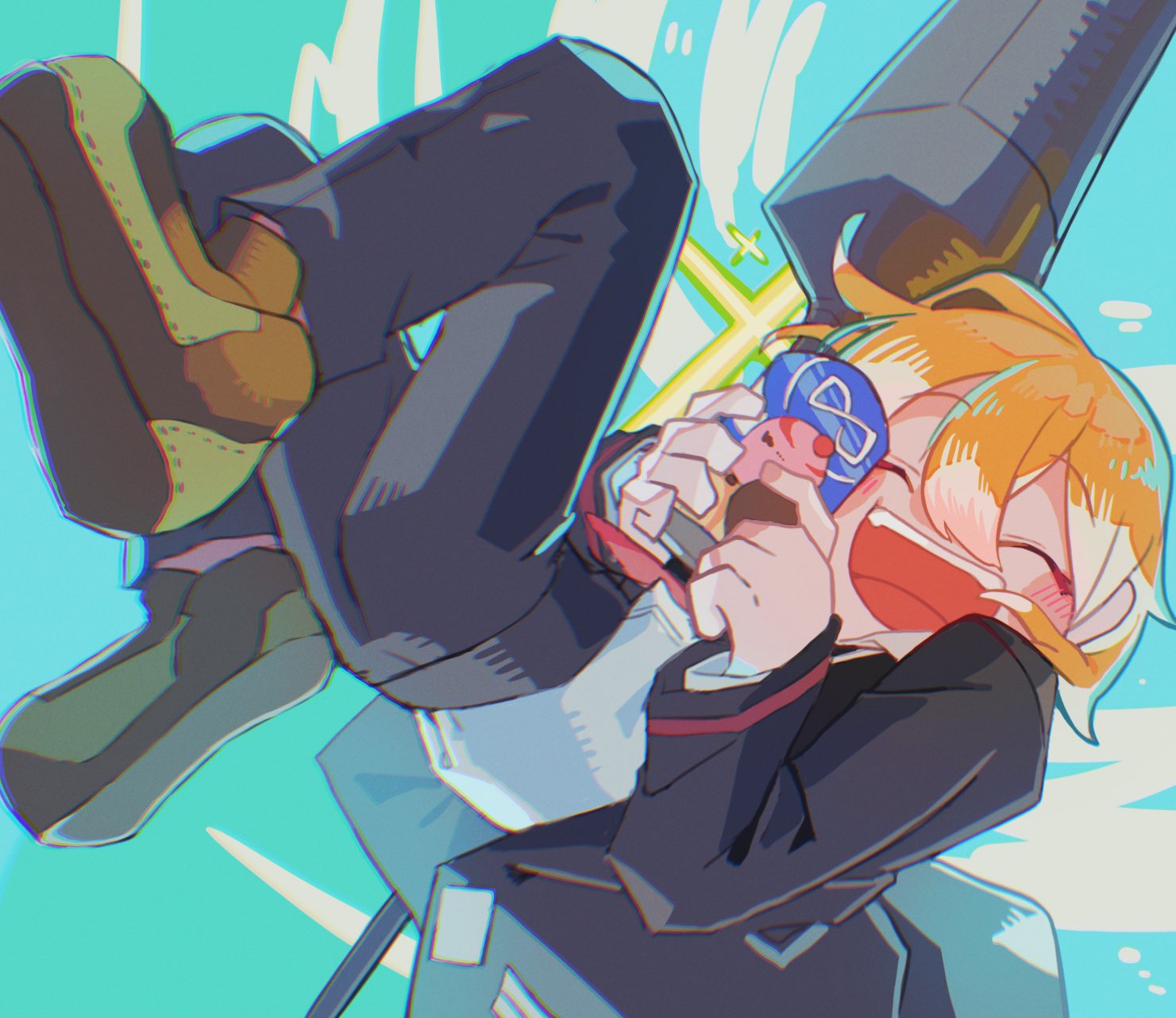 1girl, 73sitimi, black_coat, black_pants, blonde_hair, blue_background, boots, brown_footwear, can, closed_eyes, coat, don_quixote_(project_moon), facing_viewer, falling, highres, holding, holding_can, lance, legs_up, limbus_company, long_sleeves, open_mouth, pants, polearm, project_moon, short_hair, simple_background, smile, solo, weapon