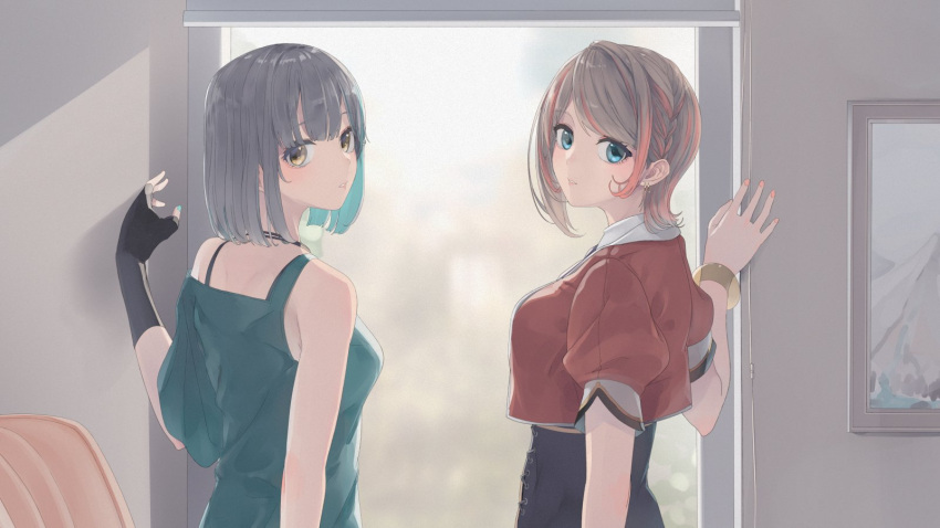 2girls, atsushima, black_corset, black_gloves, blue_eyes, blue_hair, blue_tank_top, braid