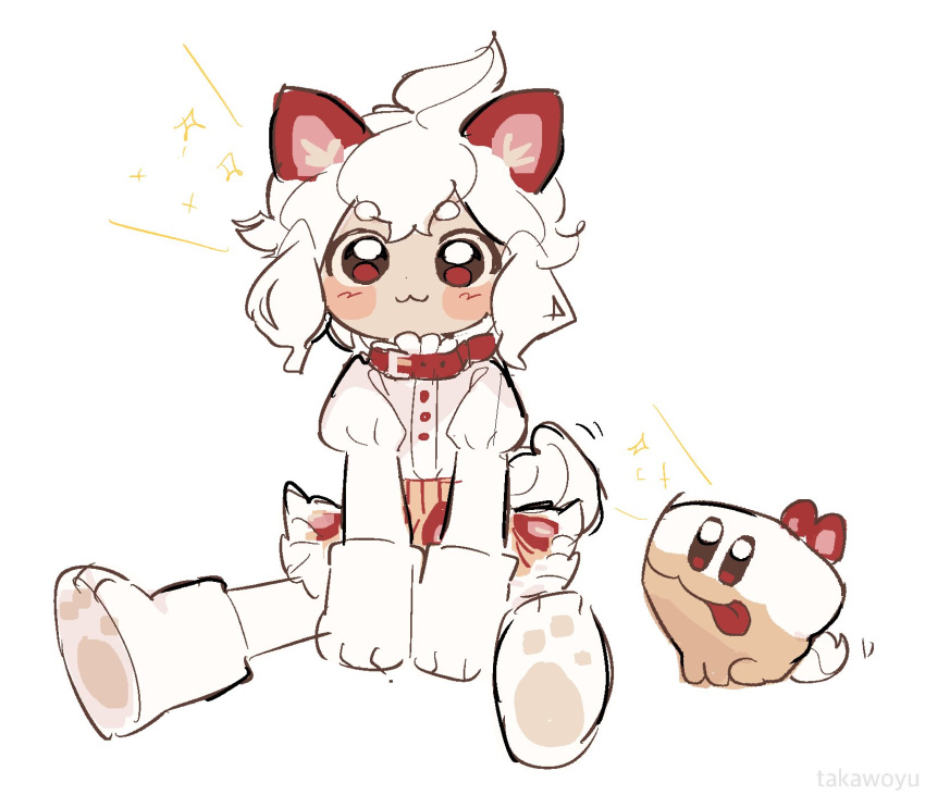 1other, :3, animal_hands, boots, cake_hound, collar, cookie_run, cream_cake_hound, food, food_as_ears, fruit, gloves, highres, juliet_sleeves, long_sleeves, paw_gloves, paw_print, paw_shoes, personification, puffy_sleeves, red_eyes, shirt, short_hair, simple_background, solo, strawberry, takawoyu, white_background, white_footwear, white_gloves, white_hair, white_shirt