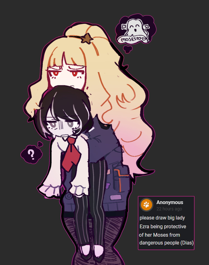 2girls, black_hair, black_pants, blonde_hair, carrying, carrying_person, closed_mouth, ezra_(project_moon)