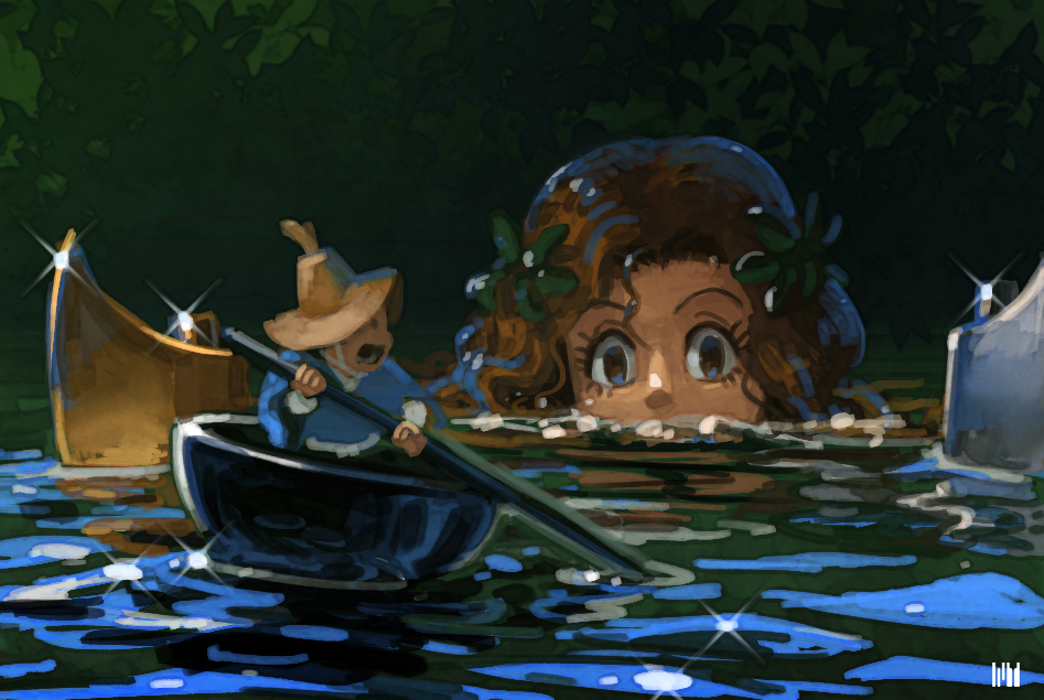 1boy, 1girl, artist_logo, blue_eyes, blue_kimono, boat, brown_hair, fmu