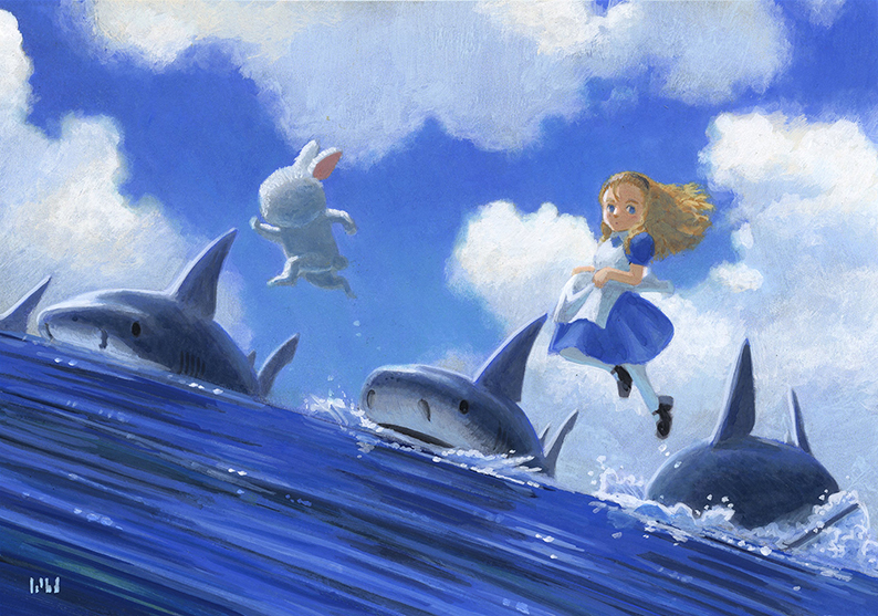 1girl, alice_(alice_in_wonderland), alice_in_wonderland, apron, artist_logo, black_footwear, black_hairband, blonde_hair