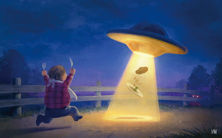 1boy, abduction, alien, arms_up, artist_logo, bib, commentary_request, dirt_road