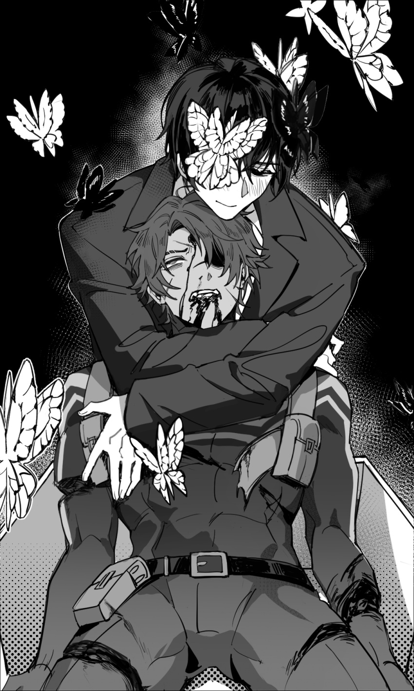 2boys, baihuahua5441, belt, black_jacket, bleeding, blood, blood_from_mouth, blush