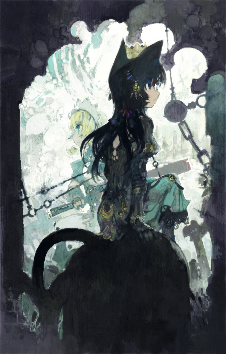 2girls, animal_ears, black_gloves, black_hair, blonde_hair, cat_ears, cat_girl, cat_tail