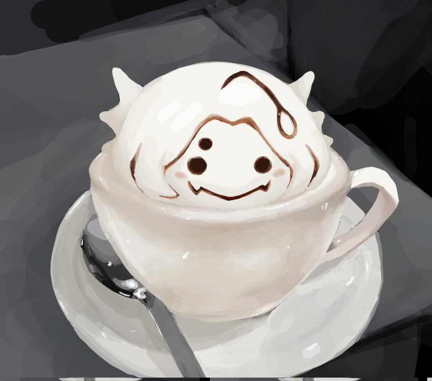 anglerfish, cappuccino, commentary, cup, fish, foam, food, food_art, food_focus, highres, kuhlabmeng37197, no_humans, plate, pressure_(roblox), realistic, roblox, sebastian_solace, table, teacup, teaspoon