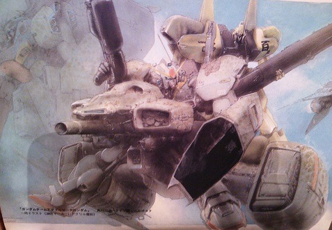 1980s_(style), beam_rifle, energy_gun, english_commentary, gundam, gundam_mk_ii, gundam_team, gundam_zz, hyaku_shiki, kobayashi_makoto_(illustrator), legend_of_gundam, lowres, mecha, mecha_focus, no_humans, painting_(medium), retro_artstyle, riding, robot, scan, science_fiction, shield, traditional_media, translation_request, weapon, zeta_gundam