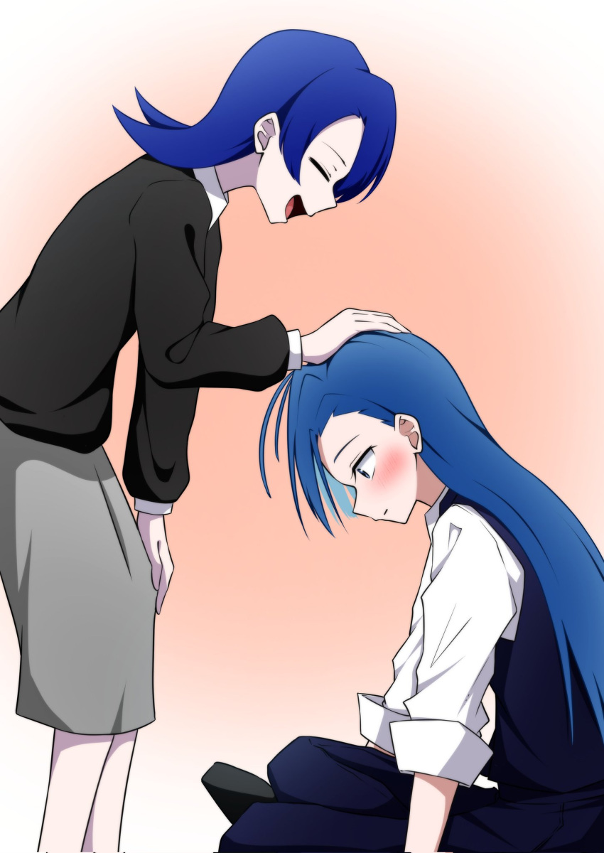 2girls, ado_(utaite), atashi_wa_mondaisaku, black_sweater, blue_eyes, blue_hair, blue_pants, blue_vest