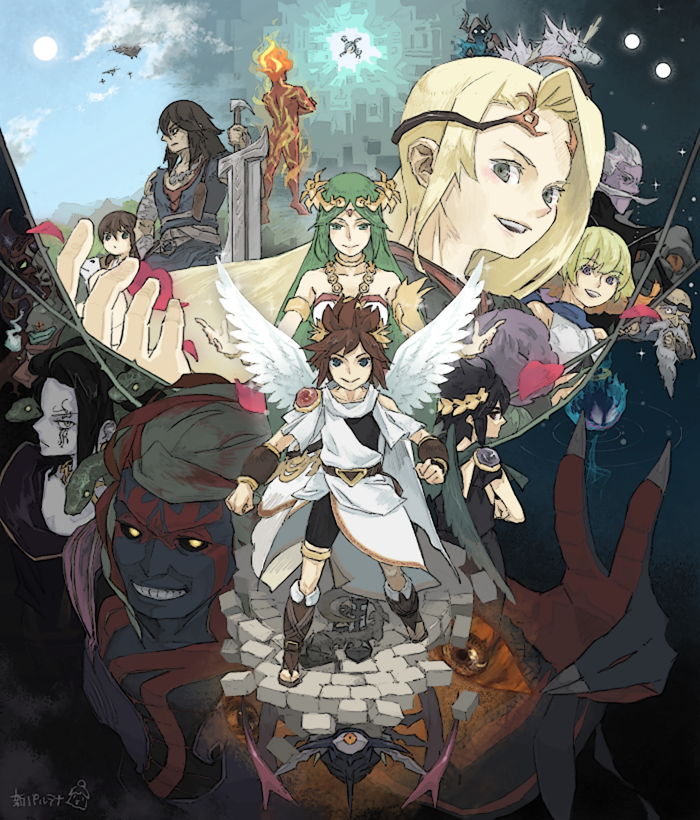 6+boys, 6+girls, angel, angel_wings, aron_(kid_icarus), bald, beard, bike_shorts