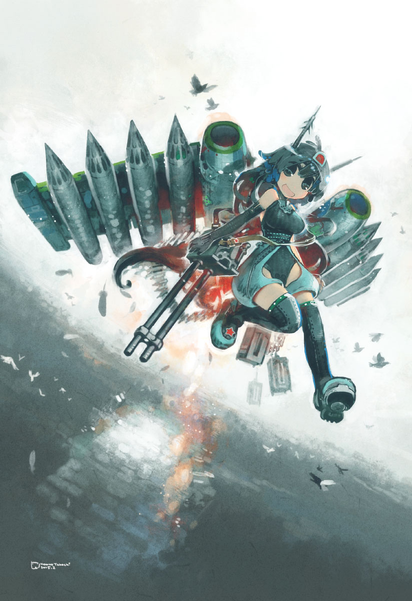 1girl, bird, black_gloves, black_hair, black_thighhighs, blue_hair, breasts, commentary_request