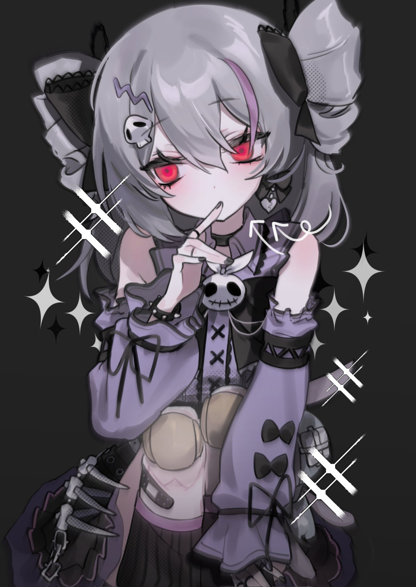 1girl, bare_shoulders, black_background, black_bow, black_skirt, black_socks, bow, braised_cutlass