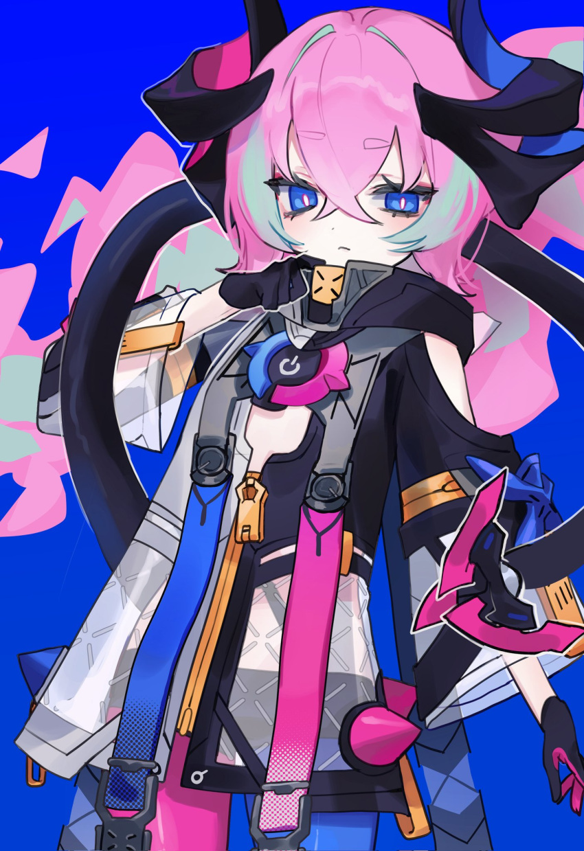 1girl, black_gloves, black_jacket, blue_background, blue_eyes, blue_hair, blue_thighhighs, braised_cutlass