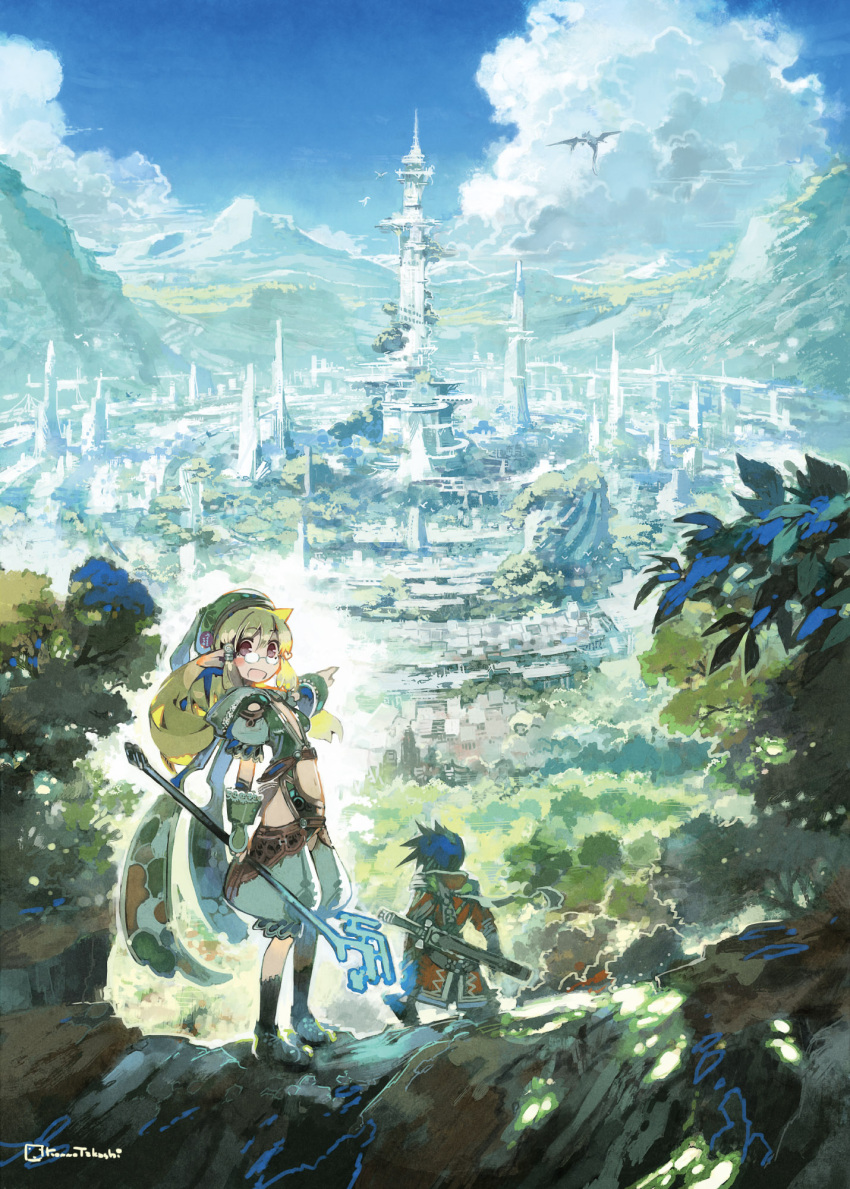 1boy, 1girl, black_gloves, black_socks, blonde_hair, blue_hair, breasts, building