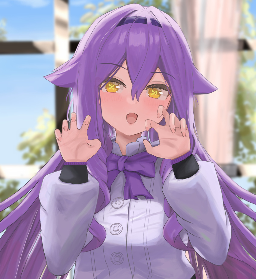 1girl, :d, absurdres, black_hairband, blue_sky, blurry, blurry_background, bow, breasts, claw_pose, commentary_request, curtains, day, depth_of_field, fang, hair_between_eyes, hair_flaps, hairband, hands_up, highres, honkai_(series), honkai_impact_3rd, indoors, long_hair, long_sleeves, masita_(kcsf3528), medium_breasts, puffy_long_sleeves, puffy_sleeves, purple_bow, purple_hair, shirt, sirin, sky, smile, solo, symbol-shaped_pupils, transparent, upper_body, white_shirt, window, yellow_eyes