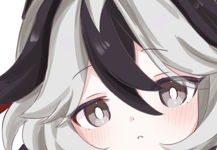 1girl, black_hair, blush, brown_eyes, close-up, closed_mouth, coralie_(honkai_impact), grey_hair