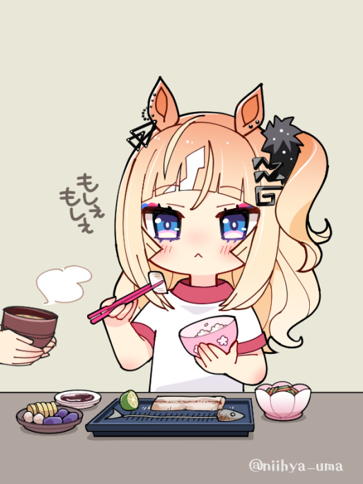 1other, :<, animal_ears, blonde_hair, blue_eyes, blush, bowl, chibi