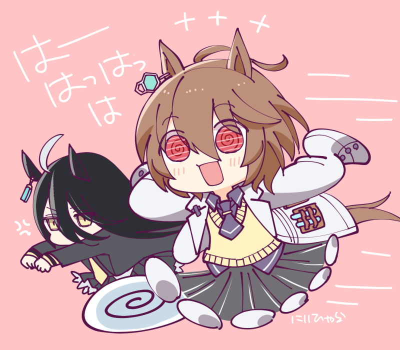 2girls, afterimage, agnes_tachyon_(umamusume), ahoge, anger_vein, animal_ears, black_coat, black_hair