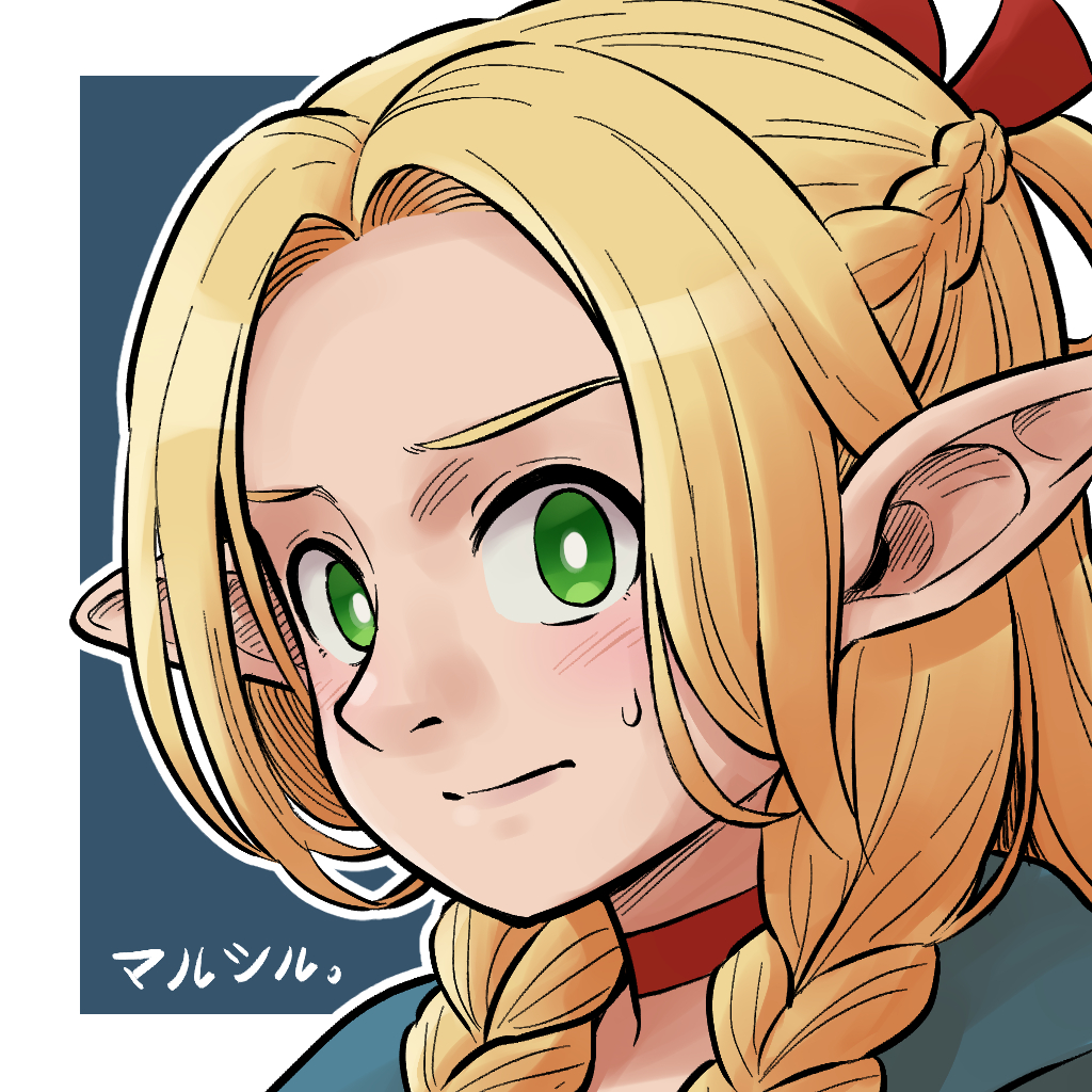 1girl, blonde_hair, braid, choker, commentary_request, crown_braid, dungeon_meshi, green_eyes