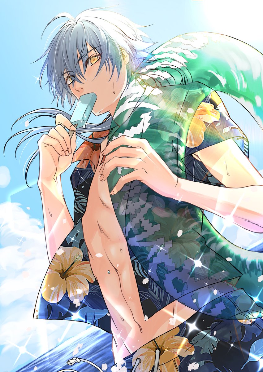 1boy, arm_up, blue_hair, clouds, cowboy_shot, dramatical_murder, drawstring, dutch_angle