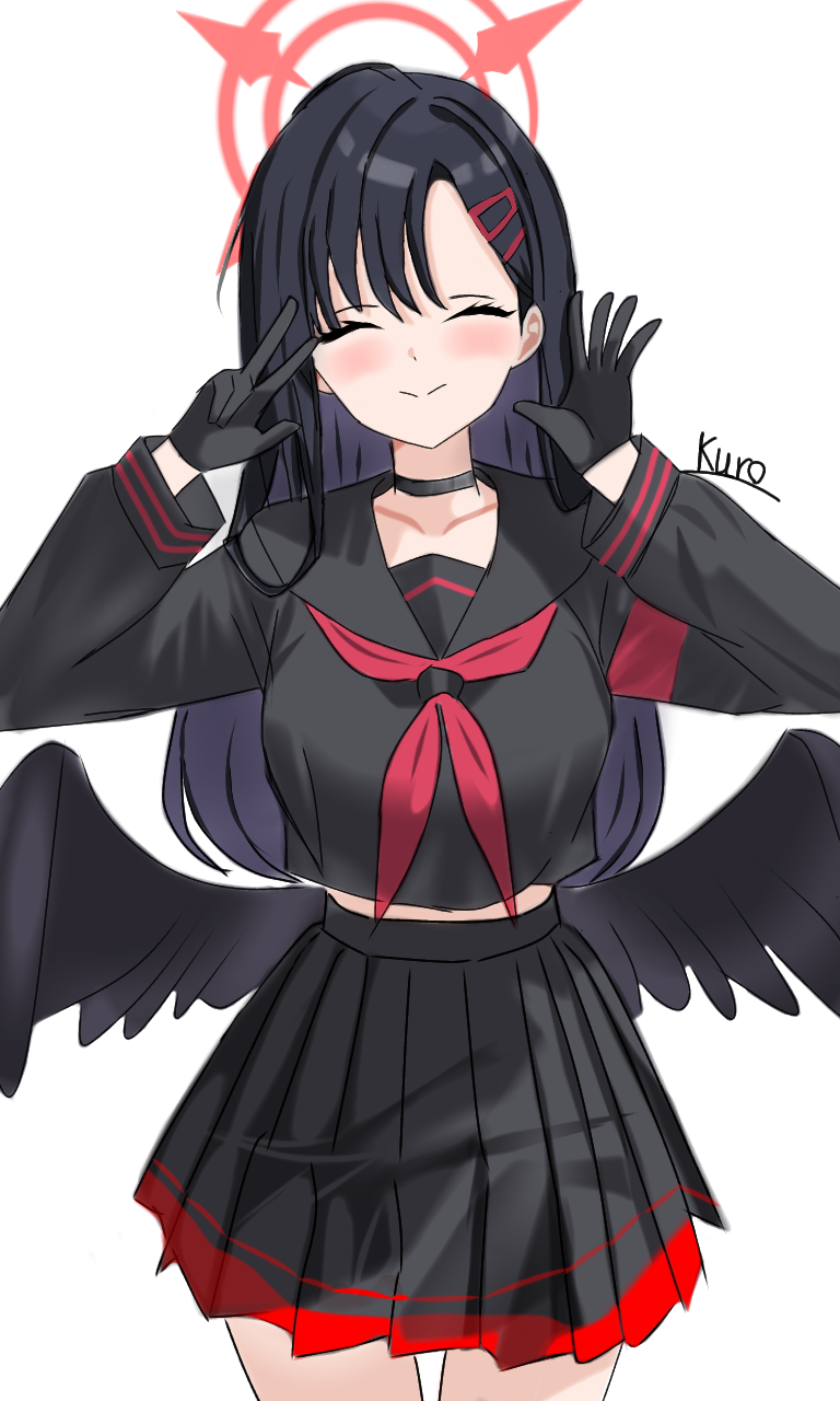 1girl, armband, black_choker, black_serafuku, black_wings, blue_archive, breasts, choker, feathered_wings, gloves, halo, highres, ichika_(blue_archive), kurogami_fuyuki, long_hair, neckerchief, red_armband, red_halo, red_neckerchief, school_uniform, serafuku, simple_background, skirt, smile, solo, white_background, wings