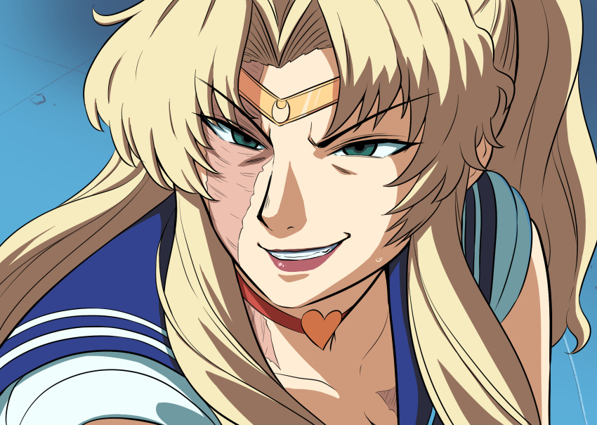 1girl, balalaika_(black_lagoon), bishoujo_senshi_sailor_moon, black_lagoon, blonde_hair, blue_sailor_collar, burn_scar, choker