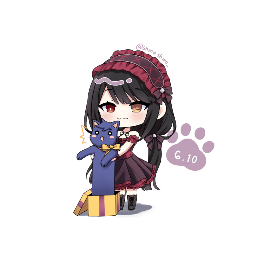 1girl, animal, black_hair, box, cat, chibi, clock_eyes, cross-laced_footwear, date_a_live, dress, frilled_dress, frilled_hairband, frills, gift, gift_box, hairband, heterochromia, highres, holding, holding_animal, holding_cat, lolita_hairband, long_hair, red_eyes, shadow, shinashiro, smile, solo, symbol-shaped_pupils, tokisaki_kurumi, yellow_eyes