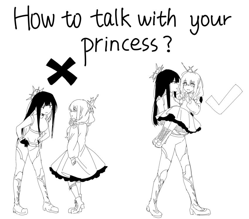 2girls, absurdres, arikalovesyou2, atsuko_(blue_archive), blue_archive, braid, carrying, commentary_request, english_text, gloves, greyscale, halo, hands_on_own_hips, highres, leaning_forward, long_hair, looking_at_another, monochrome, multiple_girls, pantaboots, parted_lips, princess_carry, saori_(blue_archive), smile, twin_braids