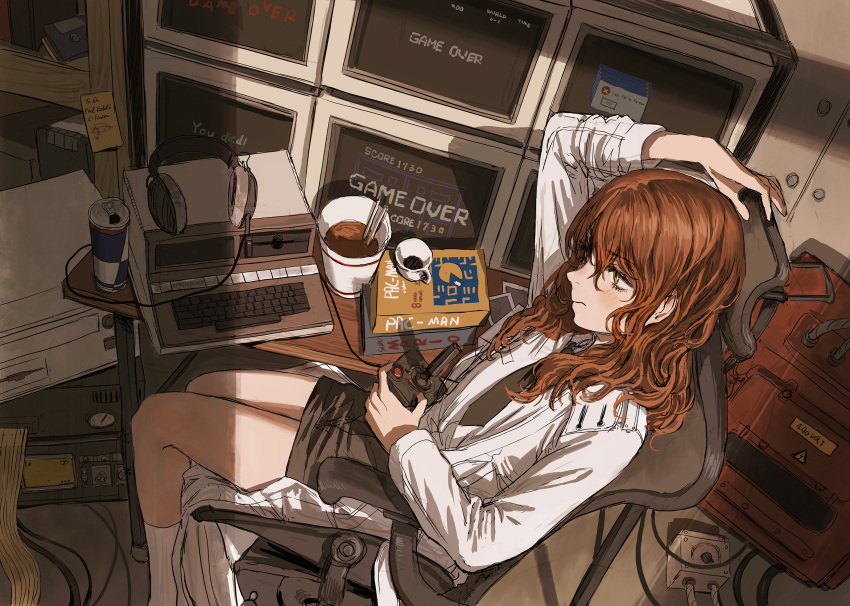 1girl, arm_up, book, book_stack, brown_necktie, cable, can, chair