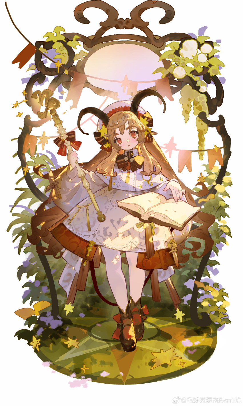 1girl, :<, absurdres, beret, black_bow, black_footwear, black_horns, book, bow, bowtie, capelet, closed_mouth, cowlick, crossed_bangs, dappled_sunlight, diorama, dot_nose, double-parted_bangs, dress, floating, floating_book, floating_object, flower, full_body, grass, hair_bow, hair_ornament, hand_up, hat, head_tilt, highres, holding, holding_staff, horns, layered_dress, layered_legwear, light_blush, light_brown_hair, light_particles, light_rays, long_hair, maoqiu_gungun_lai_berriiiq, mary_janes, no_pupils, om_(symbol), original, oval_image, pantyhose, petite, platform, red_eyes, red_socks, red_trim, sheep_girl, sheep_horns, shoes, sidelocks, simple_flower, socks, solo, staff, standing, star_(symbol), star_hair_ornament, sunbeam, sunlight, thick_eyebrows, unfinished, very_long_hair, white_background, white_capelet, white_dress, white_hat, white_pantyhose, wisteria
