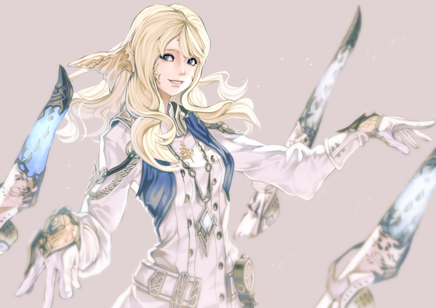 1girl, alternate_costume, au_ra, bimel_isabella, blonde_hair, blue_eyes, blue_vest, coat